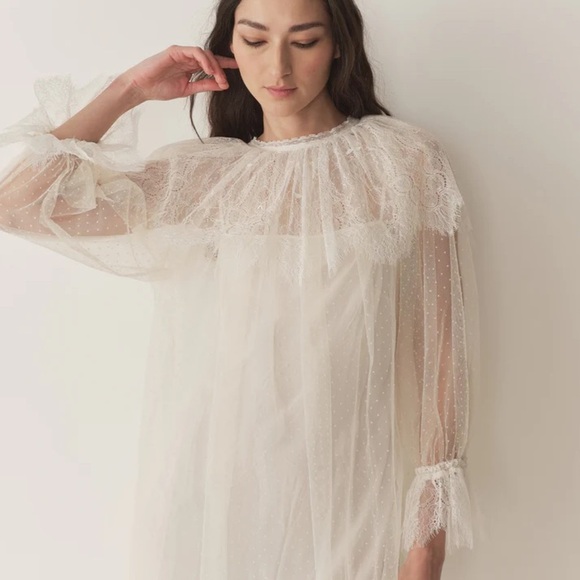 NWT Doen Lilith Lace Tulle Ruffle Collar Long Sleeve Mini Dress Crème de Lune - Picture 3 of 16